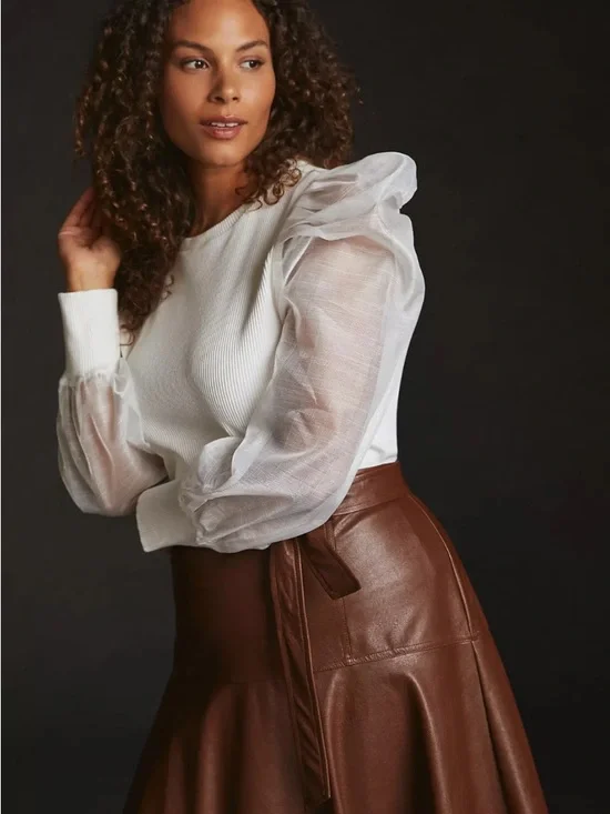 ANTHROPOLOGIE DOLAN SHEER PUFF SLEEVE BLOUSE RIB SWEATER TOP WHITE Size Large - Picture 3 of 10